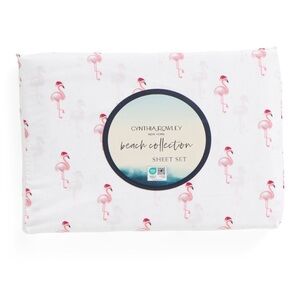 Cynthia Rowley Christmas flamingo Santa sheet Set Queen NEW